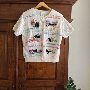 Vintage Susan Bristol Hand Embroidered Black Cat Cardigan Sweater 1997